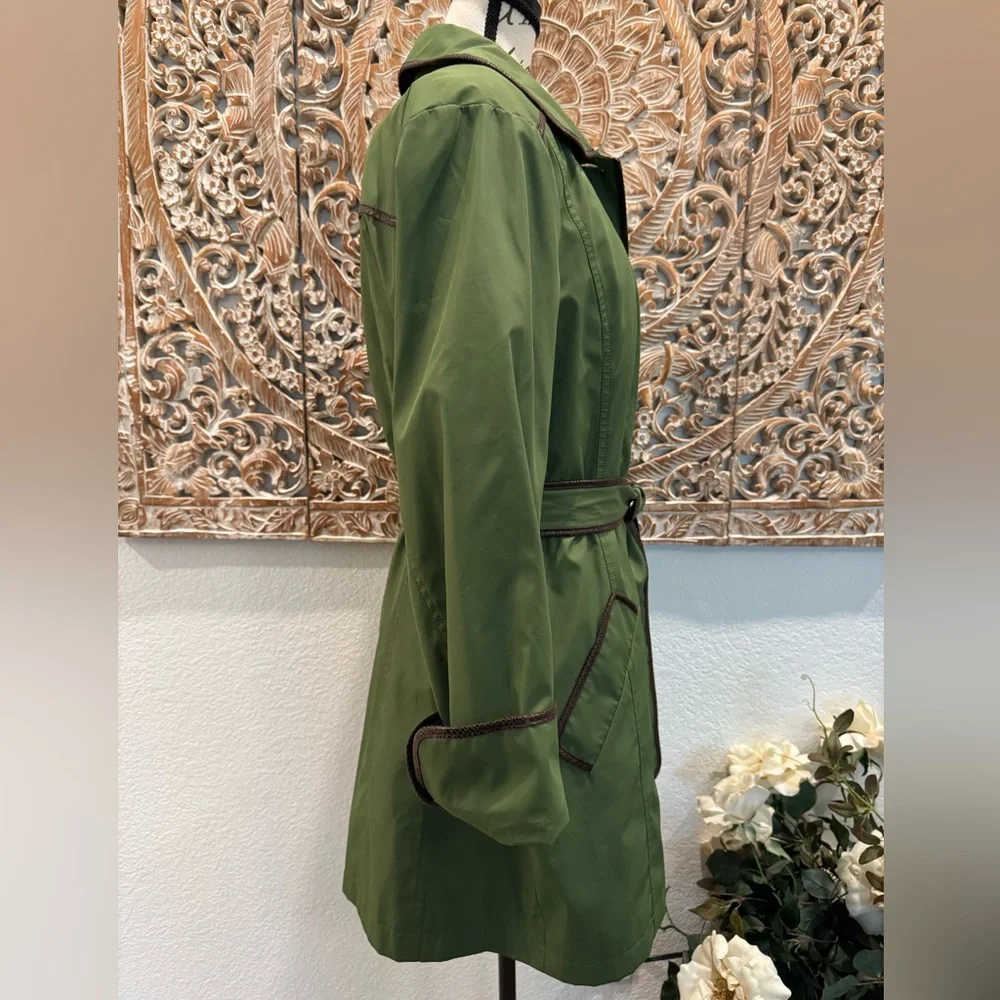 Dennis by Dennis Basso Green & Brown Belted Water Resistant Trench Coat- size L